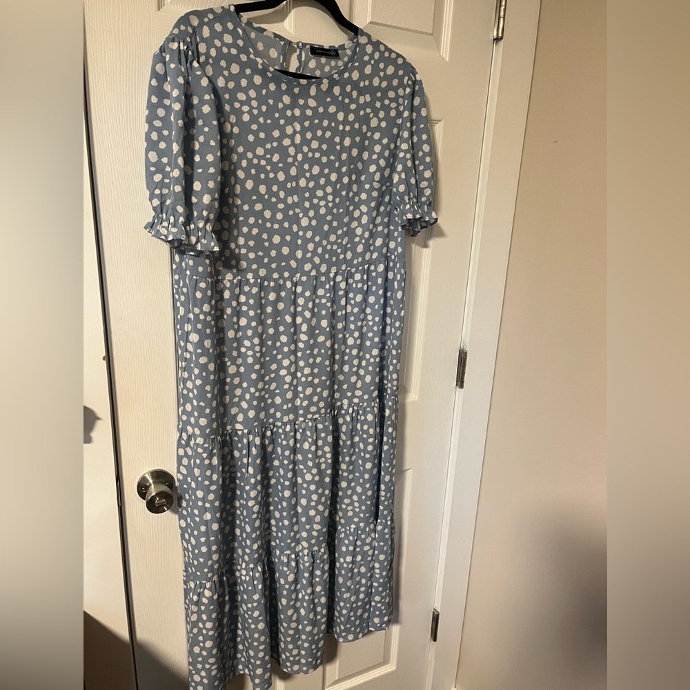 PrettyGarden, Women's High Waisted Tiered Dress, Blue and White Polka Dot, Large